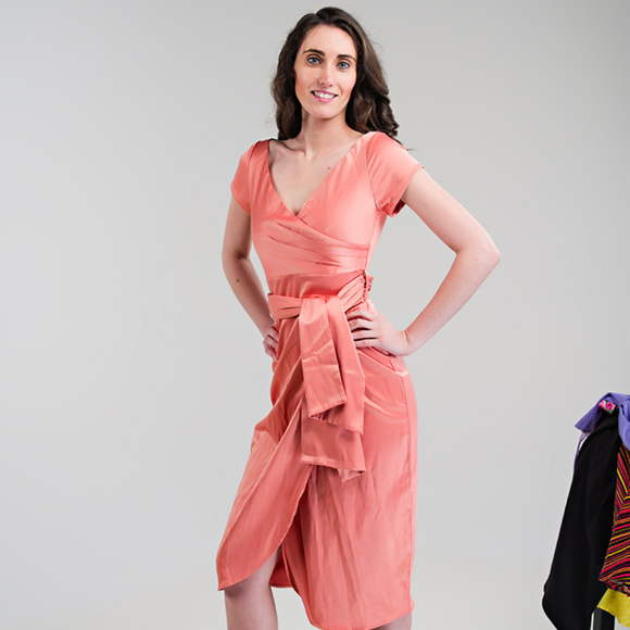 Ava Dress - Peach Faux Wrap Dress - Picture 1 of 5